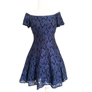 Vintage 2000s Off-Shoulder Blue & Black Glitter Lace Lined Dress S Prom